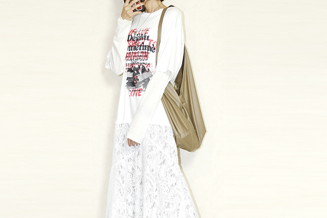 OKIRAKU　（オキラク） double sleeves lace skirt docking print t shirts BD60502-WHITE