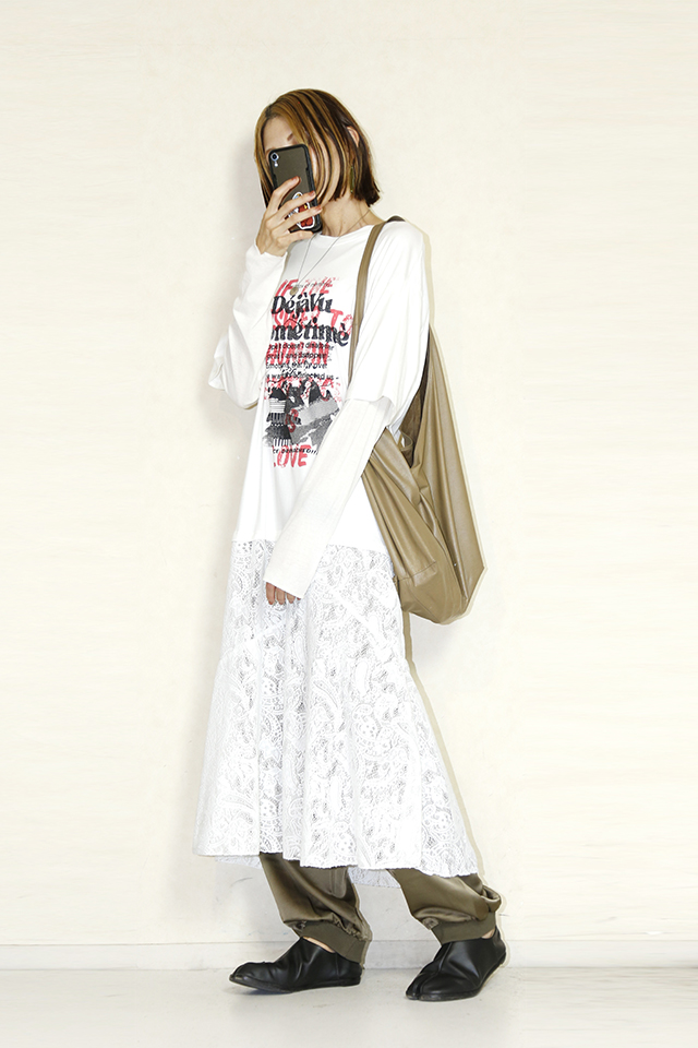 OKIRAKU　（オキラク） double sleeves lace skirt docking print t shirts BD60502-WHITE