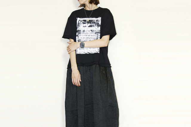 OKIRAKU　（オキラク） saten skirt docking print t shirts BD60501-BLACK